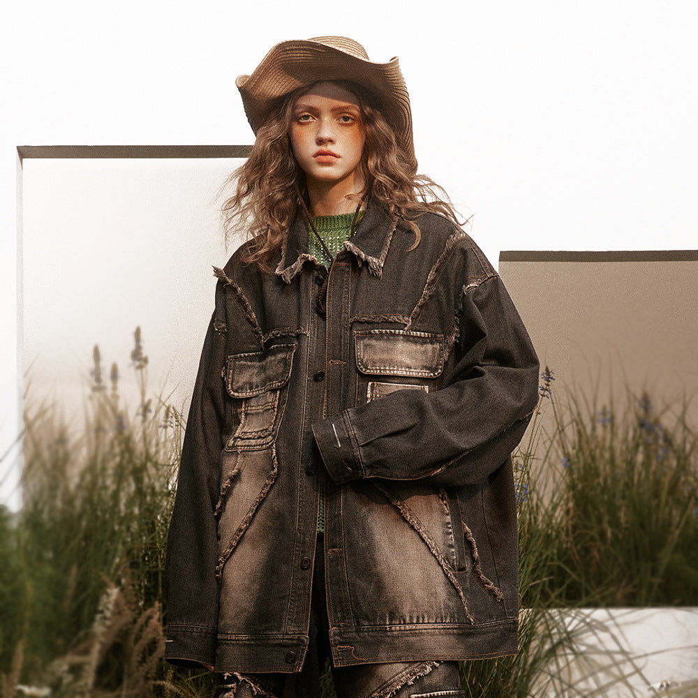 Punk Design Stitching Cat Raw-cut Edges Turn-down Collar Coat