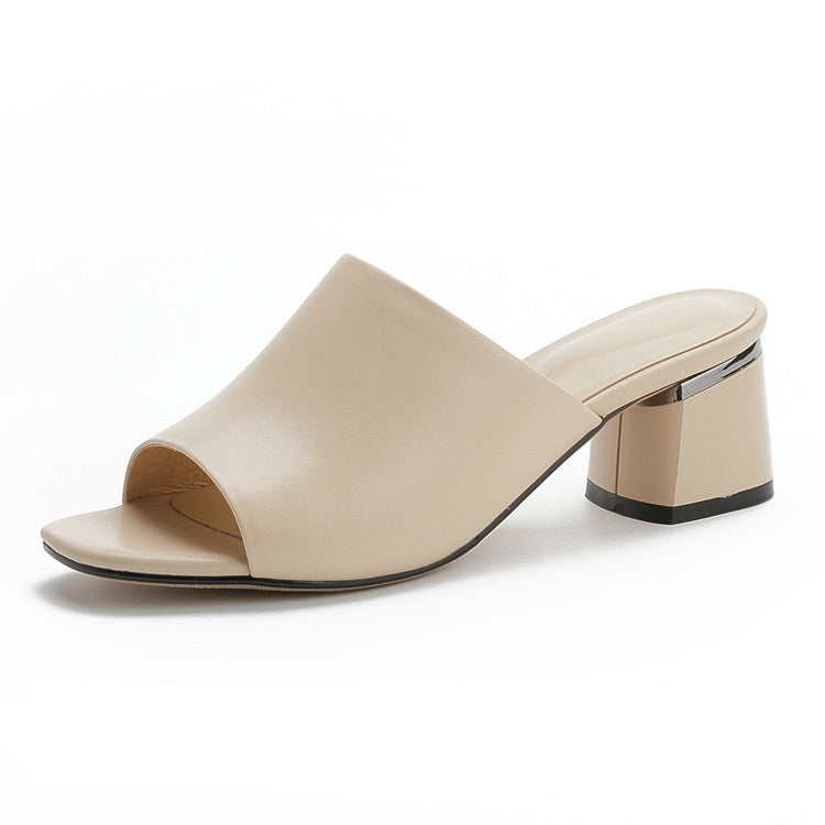 All Leather Fashion Square Toe Mid-high Heel Slippers