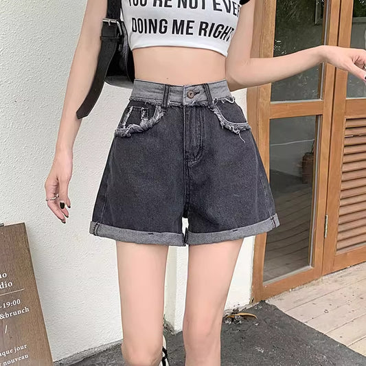 Retro Distressed High-Waist Loose Denim Shorts For Women