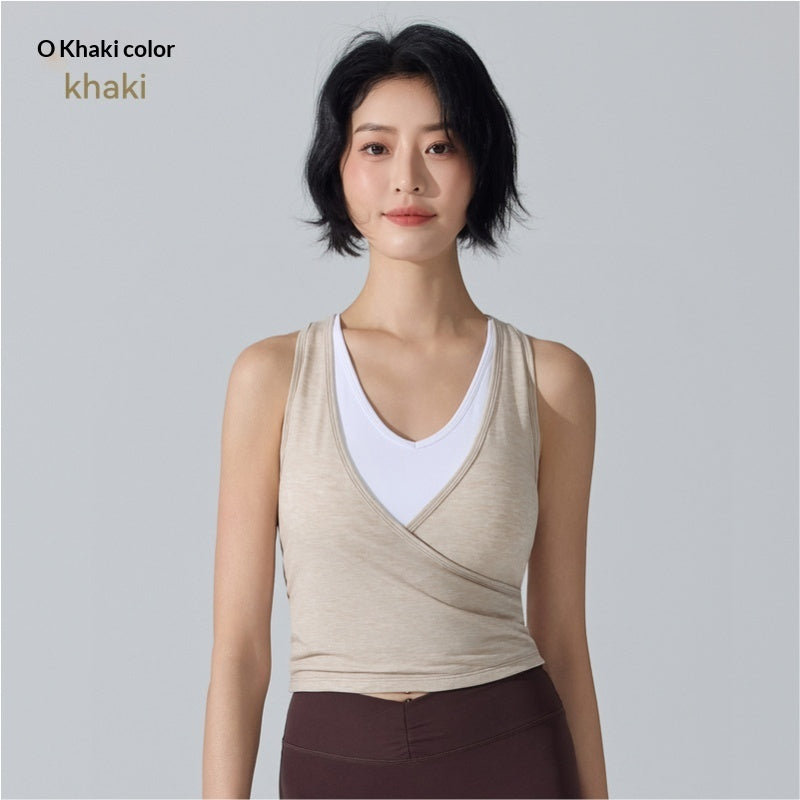 Sports Vest Quick-Drying Breathable Fake Two-Piece Sleeveless Blouse Integrated Cup Padding Yoga Wear