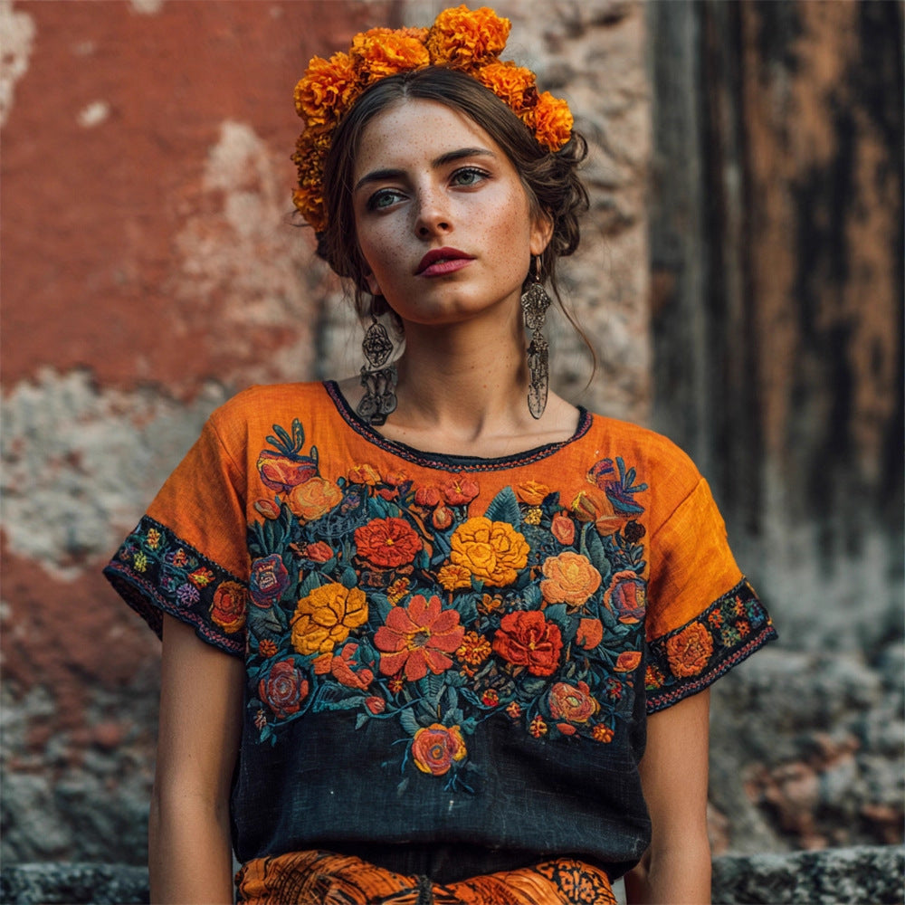 V-neck Elegant Artistic And Retro-style Short-sleeve Top