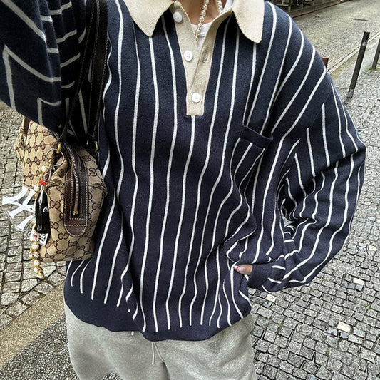 European And American Style Vintage Stripe Color Matching Polo Collar Long-sleeved Sweater