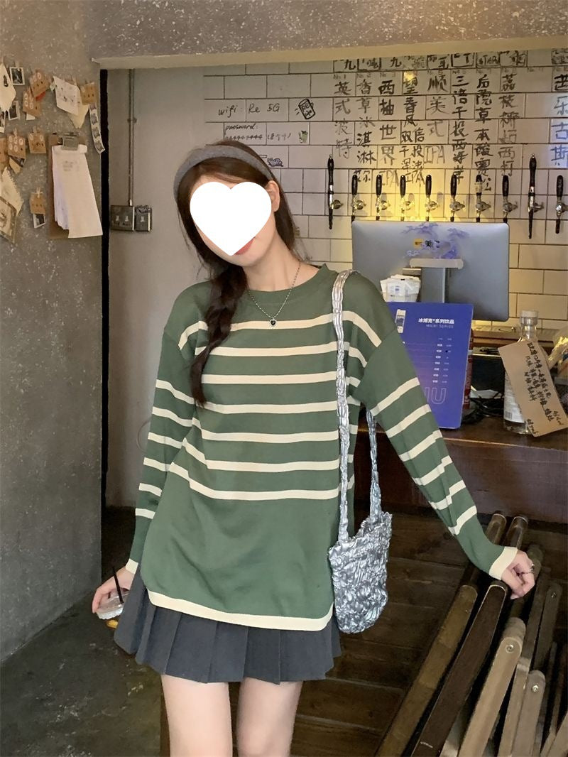 Idle Style Retro Striped Crew Neck Long Sleeves Knitwear