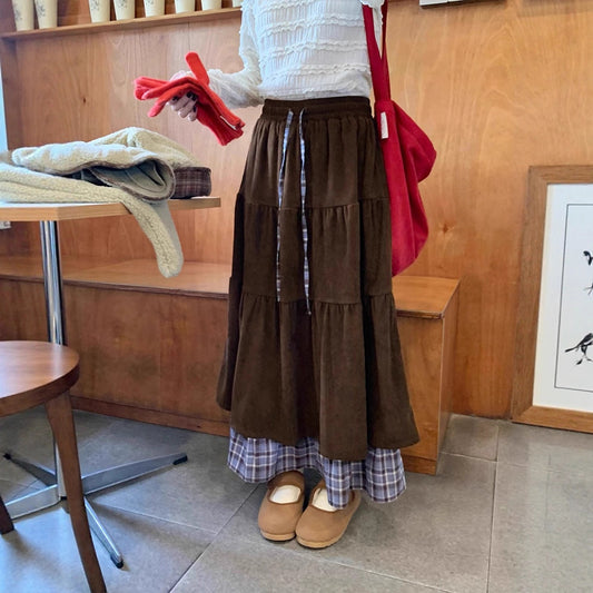 Niche Patchwork Fake Two-piece Plaid Cake Maxi Dress