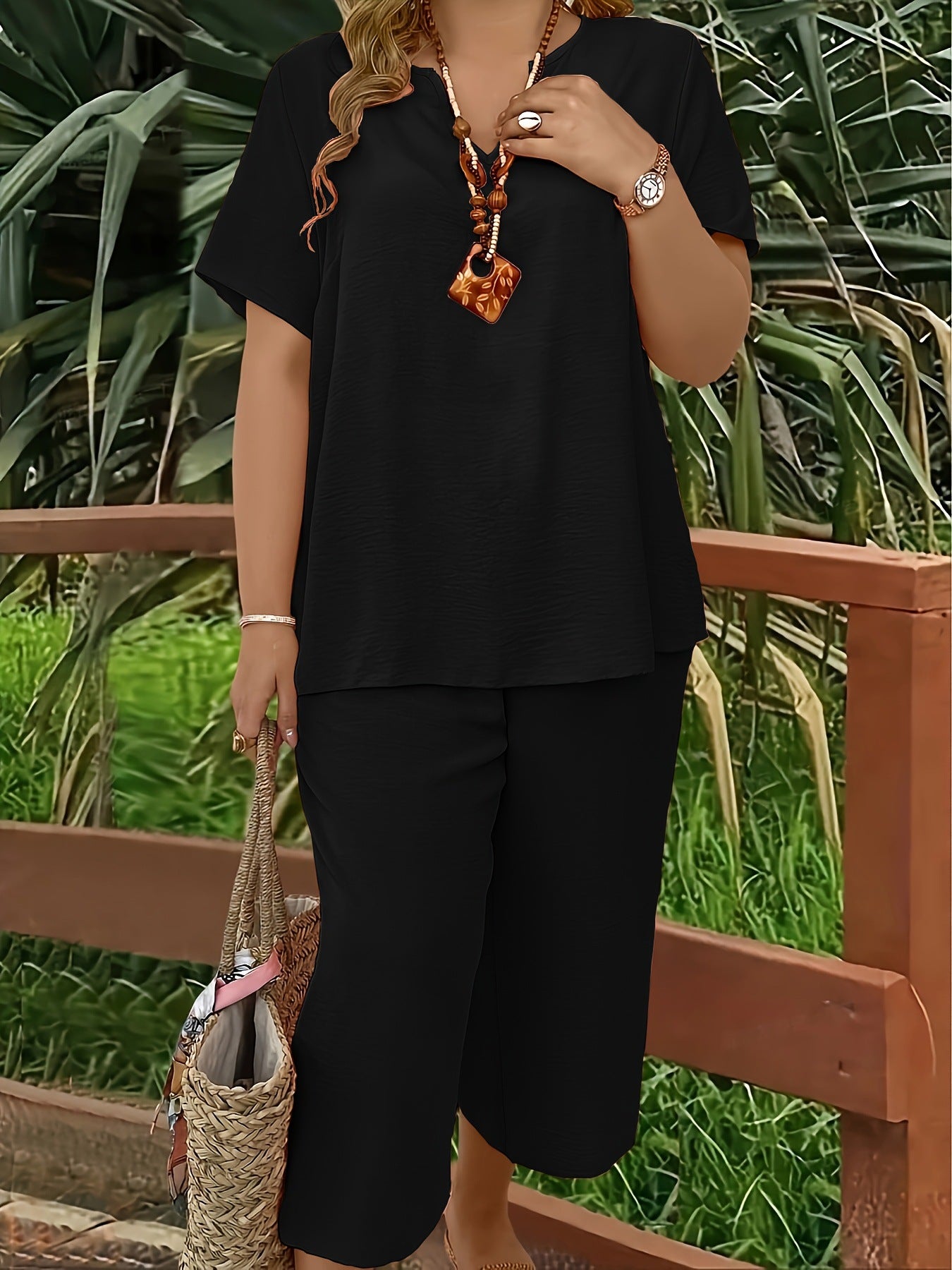 Solid-color V-neck Short-sleeve Top And Wide-leg Pants