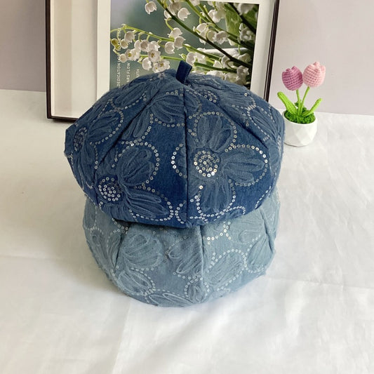 Mesh Sequins SUNFLOWER Decorative Washed Denim Octagonal Beret