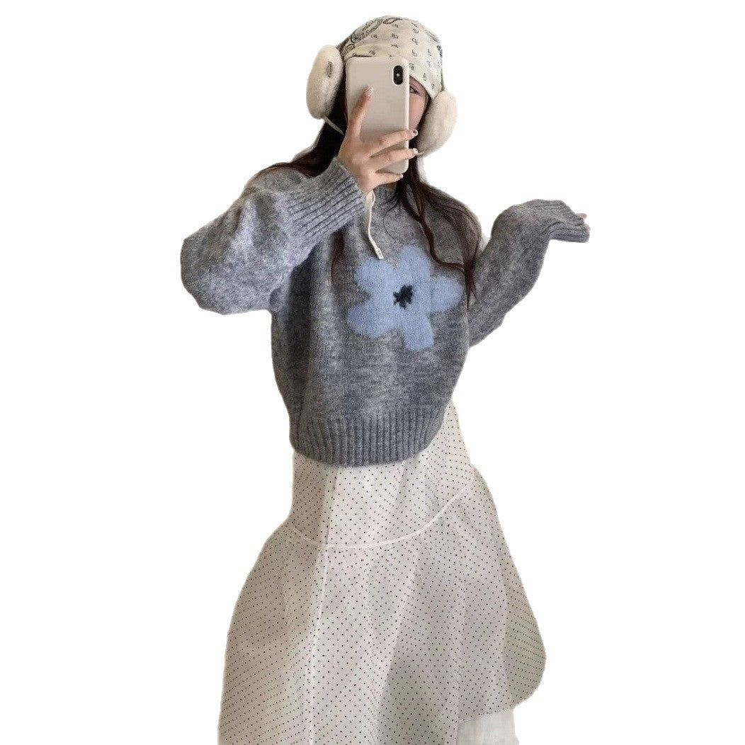 Early Autumn Versatile Casual Floral Round Neck Knitted Long Sleeve Top