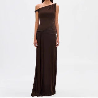 Womens Asymmetrical Dress With A Slanted Neckline Off-the-Shoulder Design And A Tied Waist