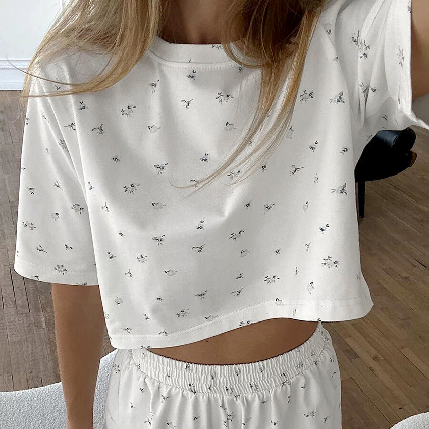 Printed Knitted Pajama Set From Europe And The US Top And Shorts
