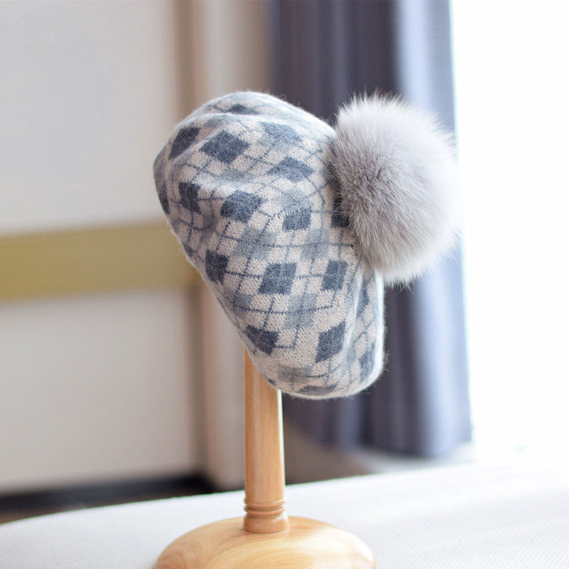 Women's Autumn And Winter Check Fur Ball Wool Beret