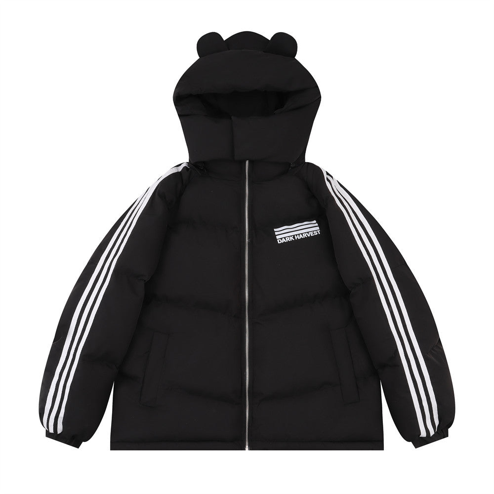 Bear Ears Hooded Ribbon Color Matching Three Stripes Striped Coat