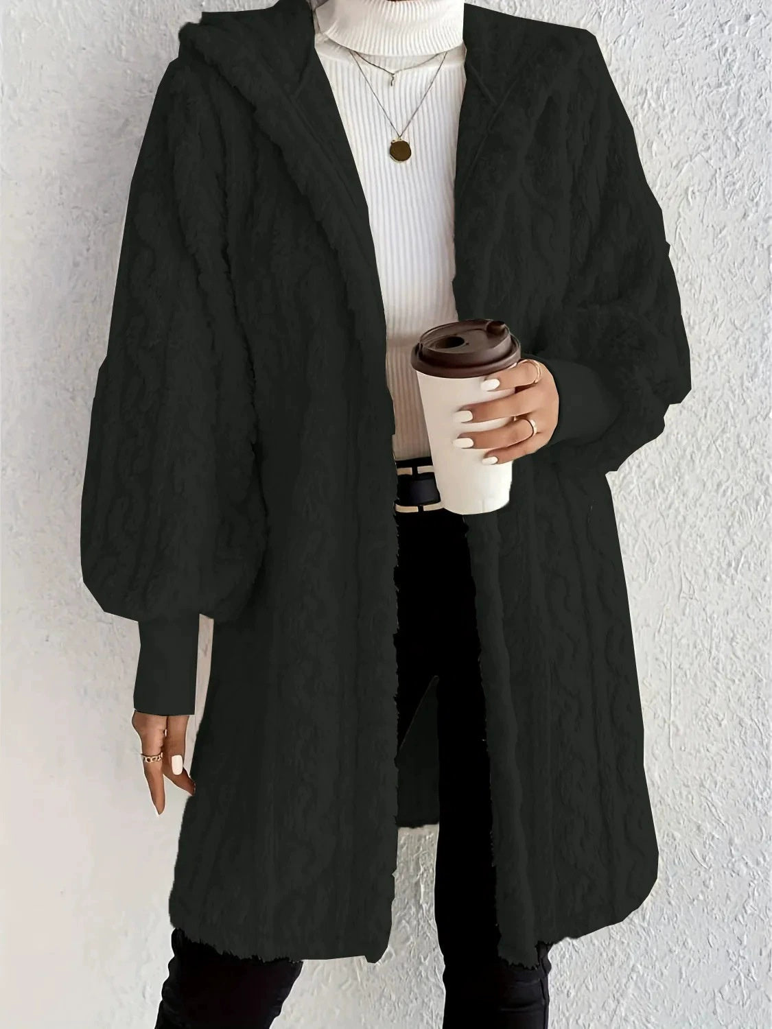 Hooded Double-sided Plush Cuff Thread Long Coat