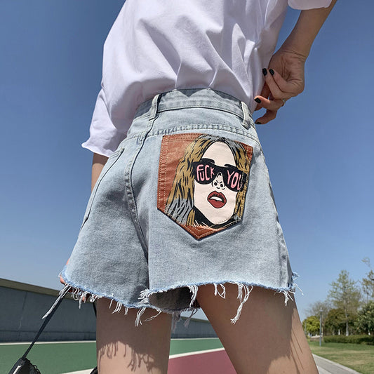 High Waist Ripped Denim Shorts Women's Personality Print