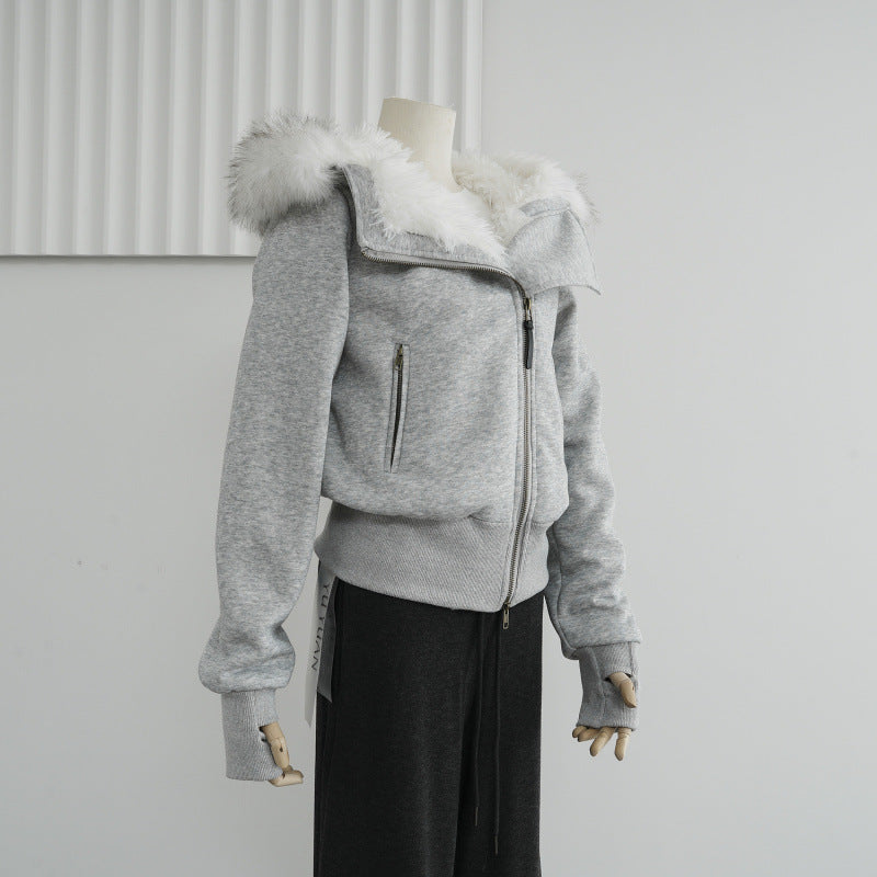 Hooded Fur Collar Twill Plush Liner Cotton Coat Jacket