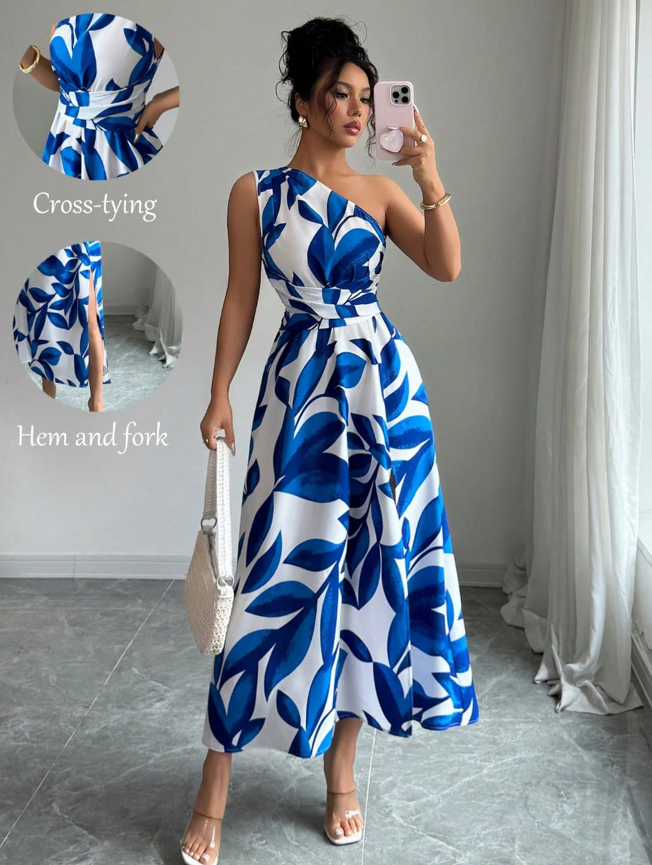 Womens Printed Off-the-Shoulder Slit Dress