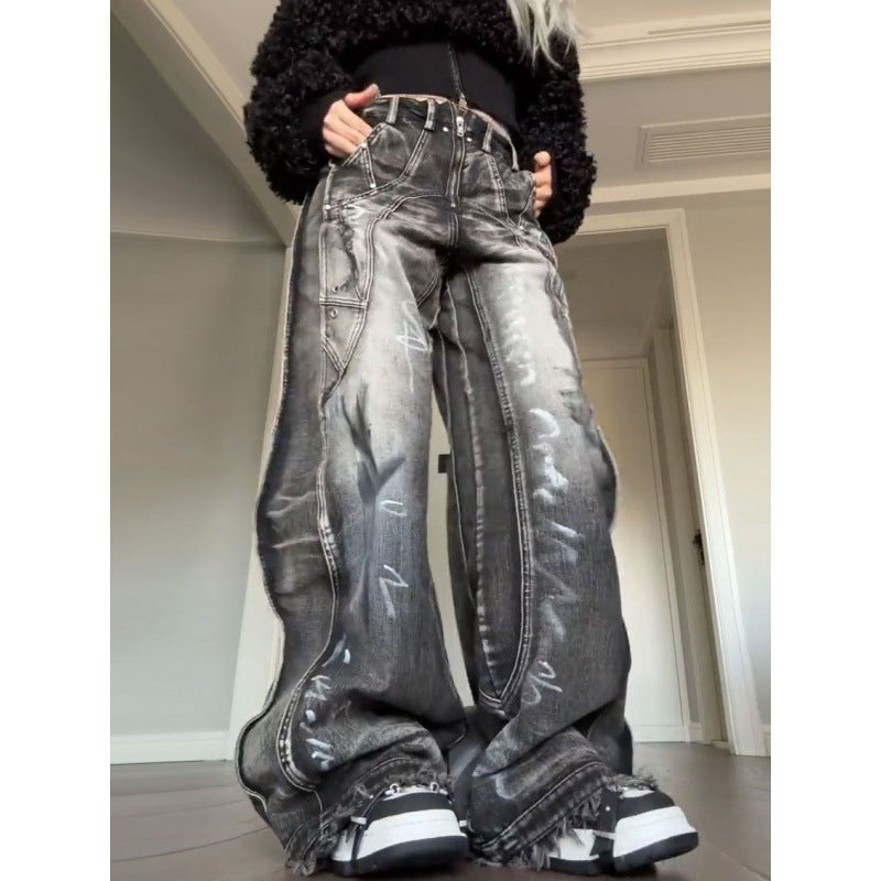 Graffiti-jeans i amerikansk stil til kvinder – plus size, vasket look