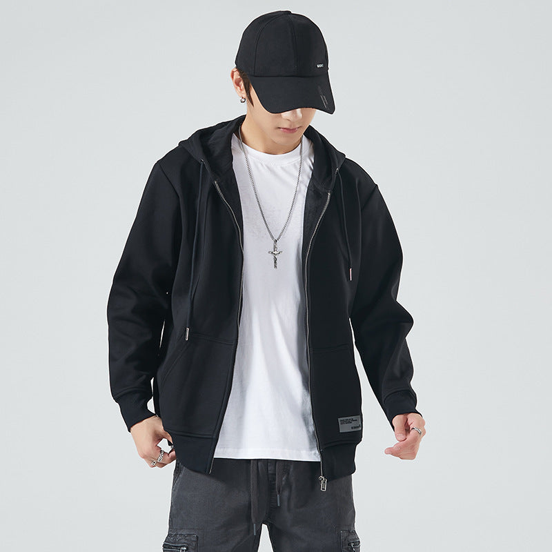 Efterårs- og vinterfleece lynlås sweater hættetrøje løs sports-casual cardigan til mænd
