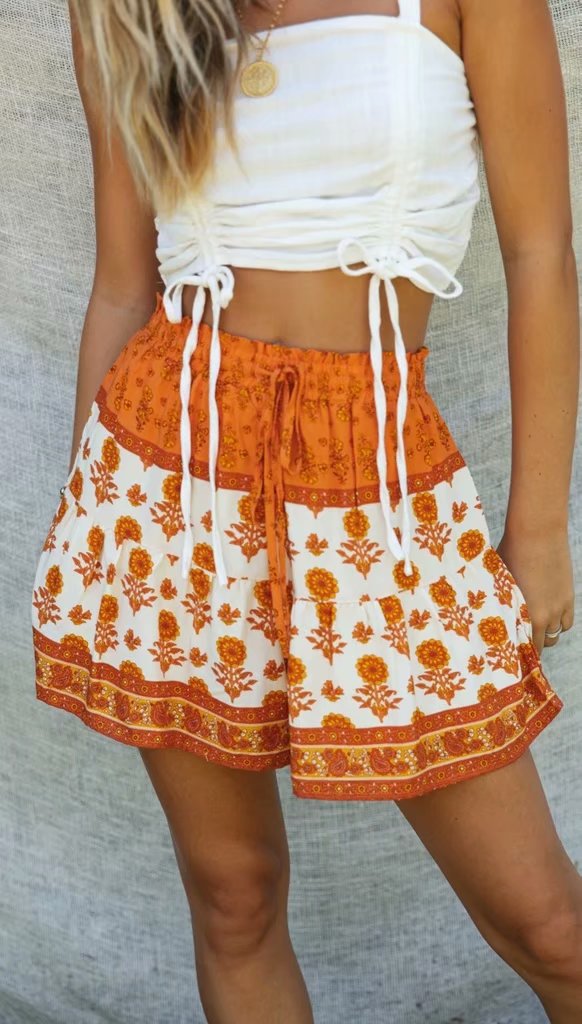Spring Summer Two Tone Printed Shorts Elastic Waist Strap