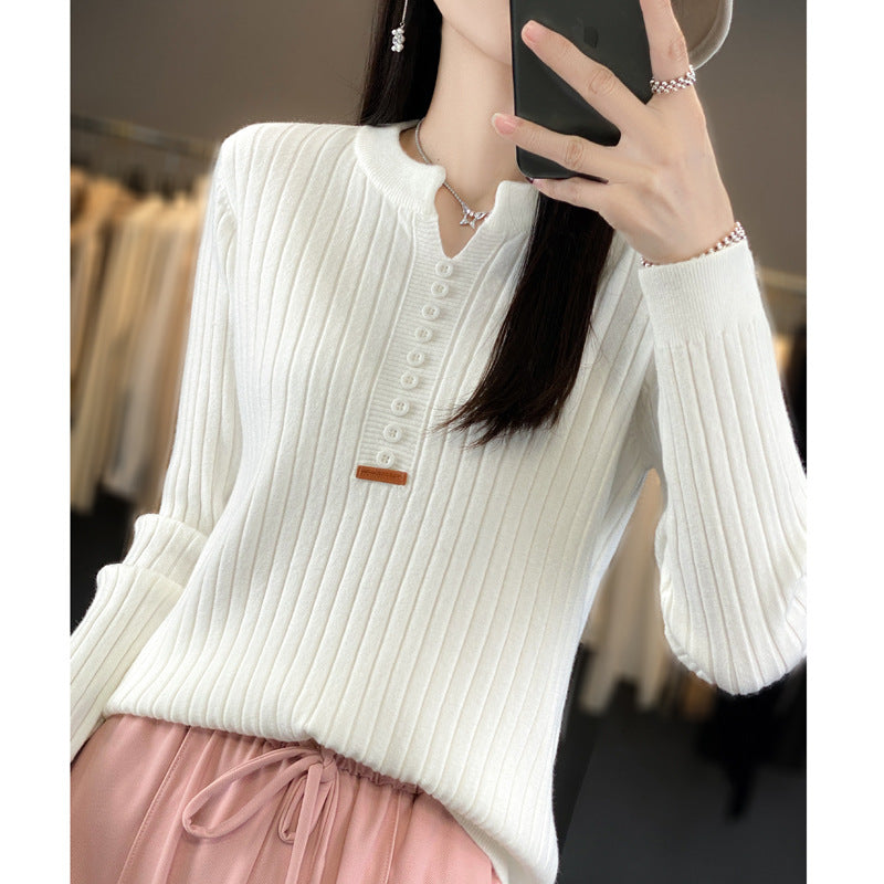 Long Sleeve Round V-neck Sweater Solid Color