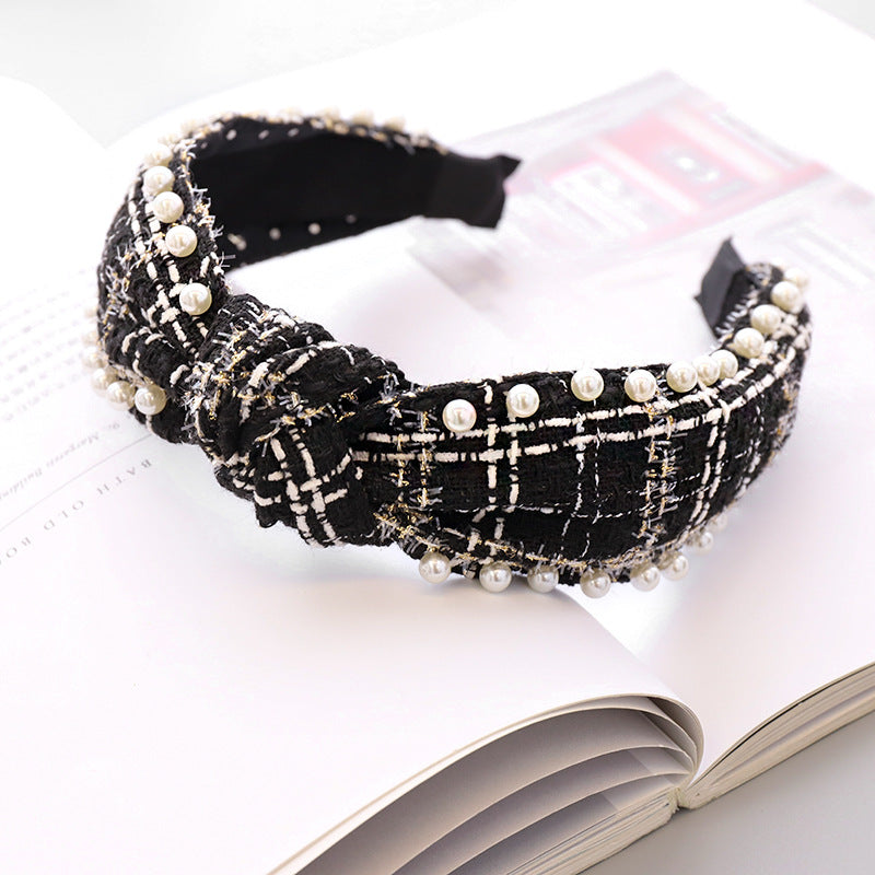Pearl Headband Classic Ethnic Plaid Fabric