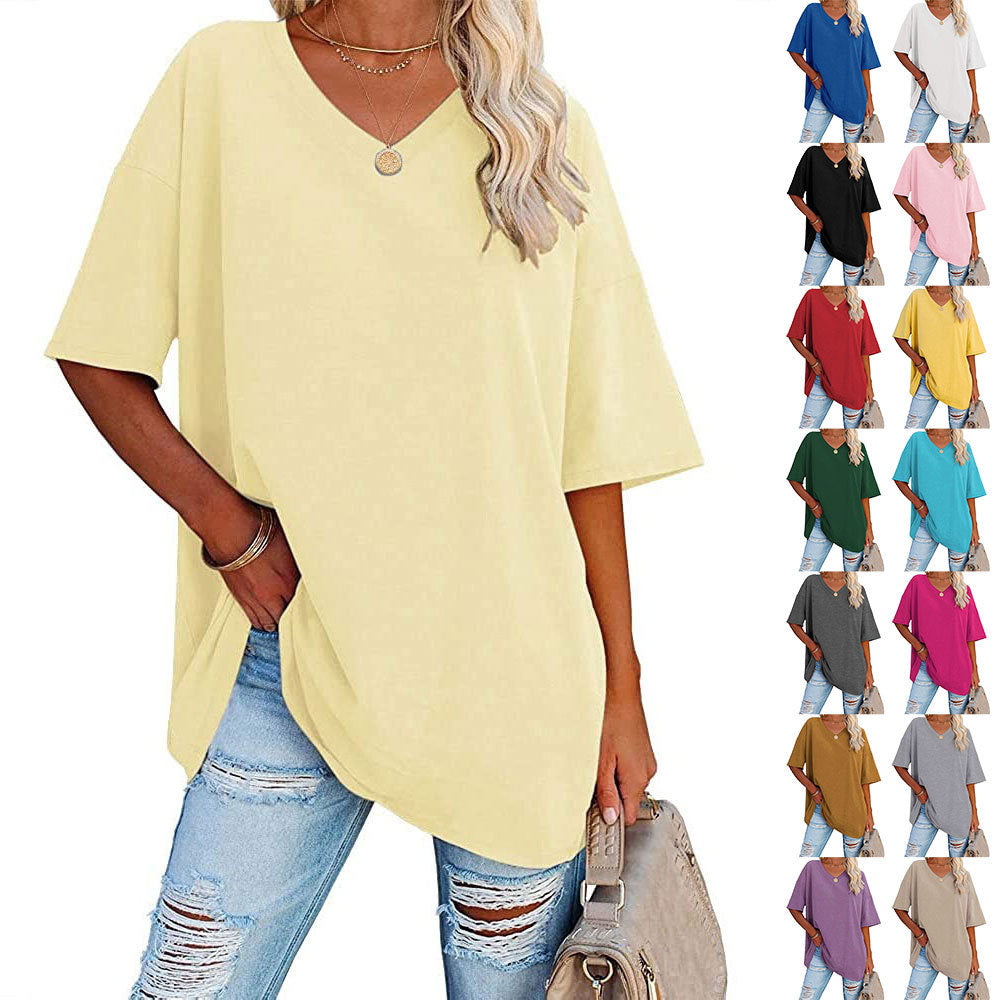 European And American Women's Loose Short-sleeved V-neck T-shirt
