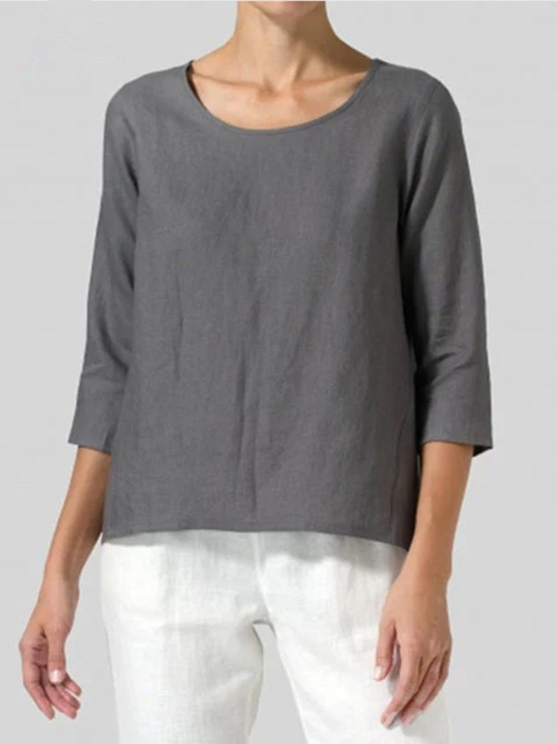 Cotton And Linen Plus Size Women's Clothing 34 Sleeve Casual Loose-fitting T-shirt