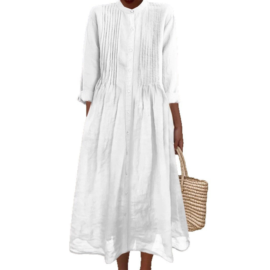 Long-sleeve Cotton-linen Womens Dress With A Shirt Collar