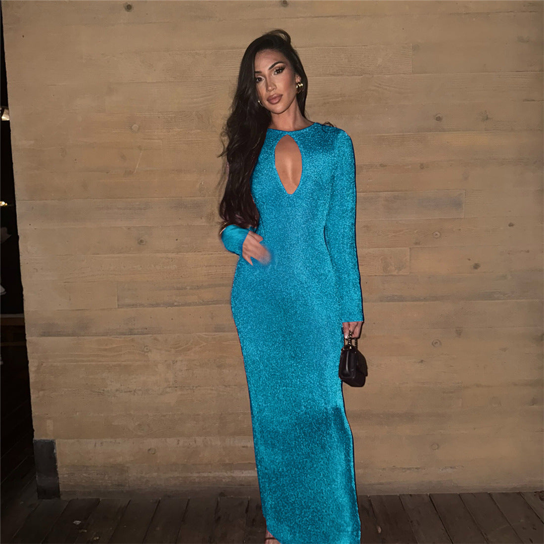 Forår Elegant Pendler Kjole Guldbelagt Sexet Udhulet Højtaljet Bodycon Slank Lang Kjole til Kvinder