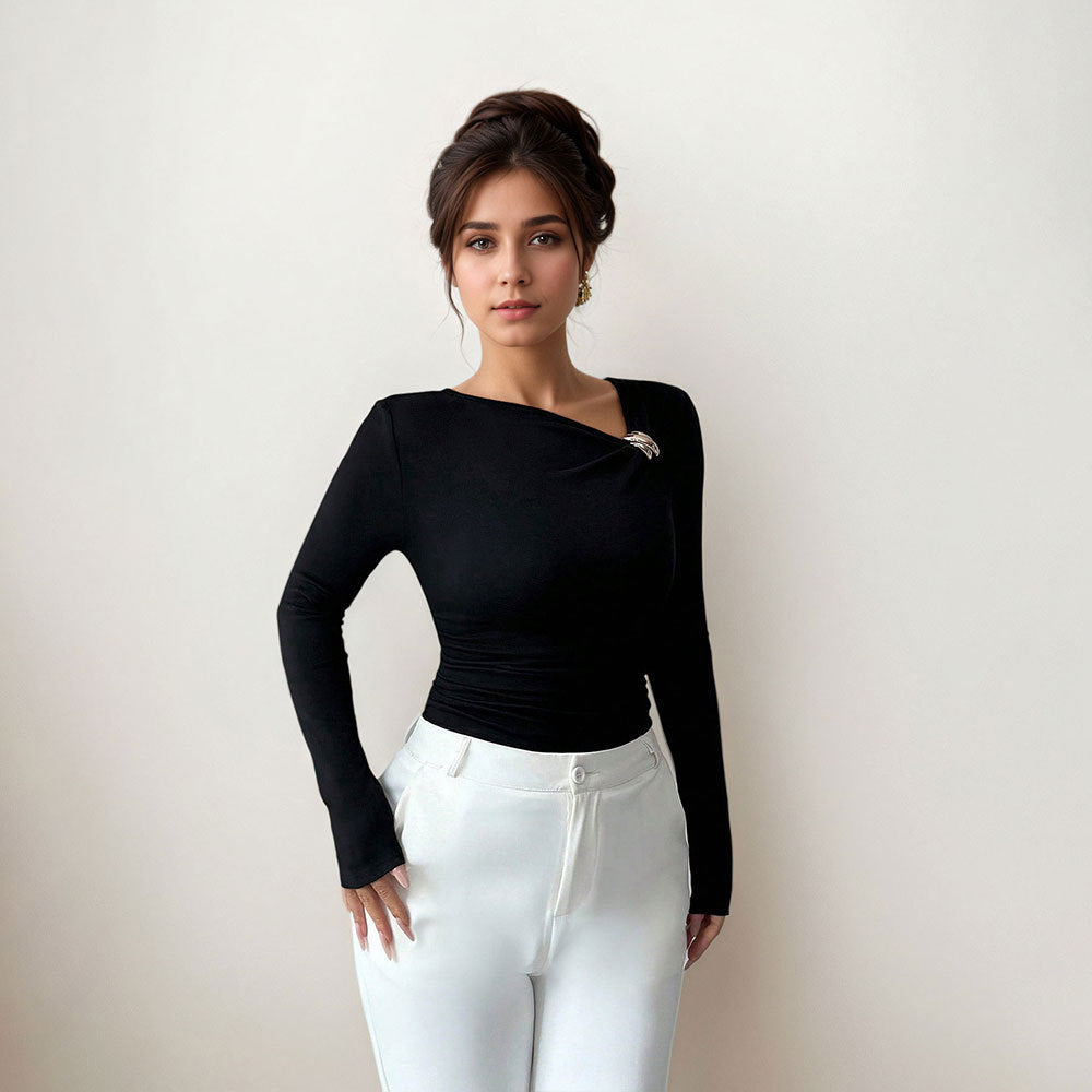 Oblique Collar Pleated Women's Stylish Slim New Slimming Spring And Autumn Base Shirt