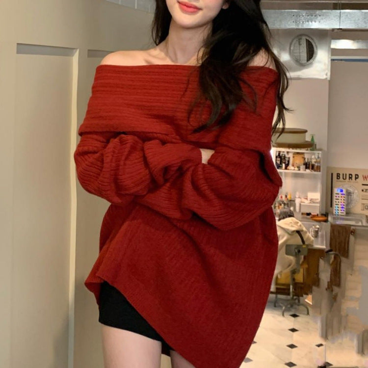 Lazy Style Shoulder-revealing Red Atmosphere Off-shoulder Sweater