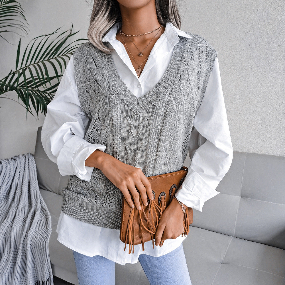 European & American Hollow Out Cable Knit V-Neck Sleeveless Sweater