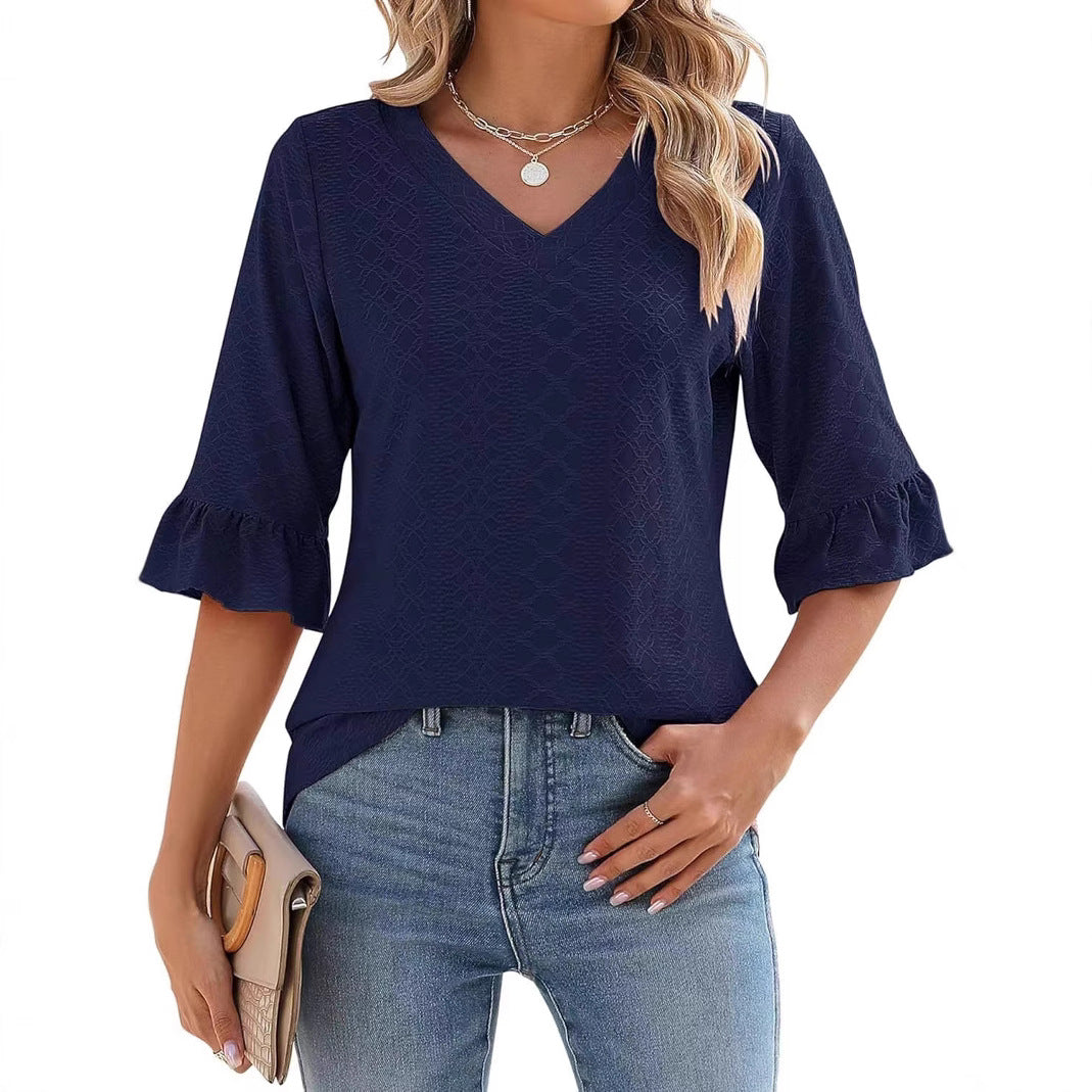 Women's Printed Hollow Ruffle Sleeve Casual Short-sleeved Top