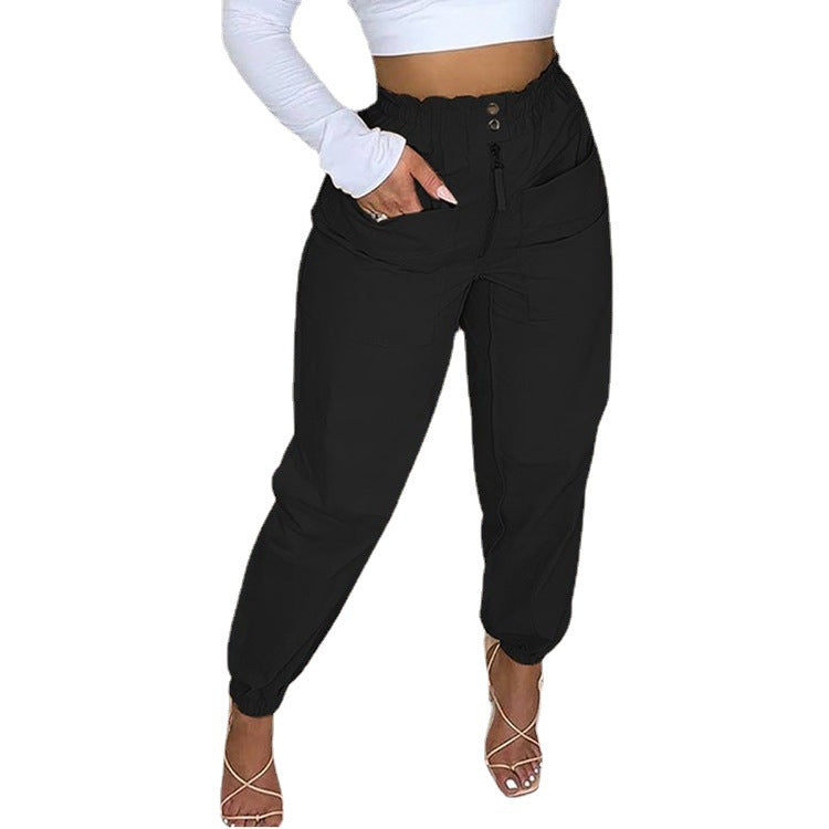 Cross-Border New Product Amazon Wish Casual Pants Waist Elastic High Waist Women's Trousers Solid Color Overalls