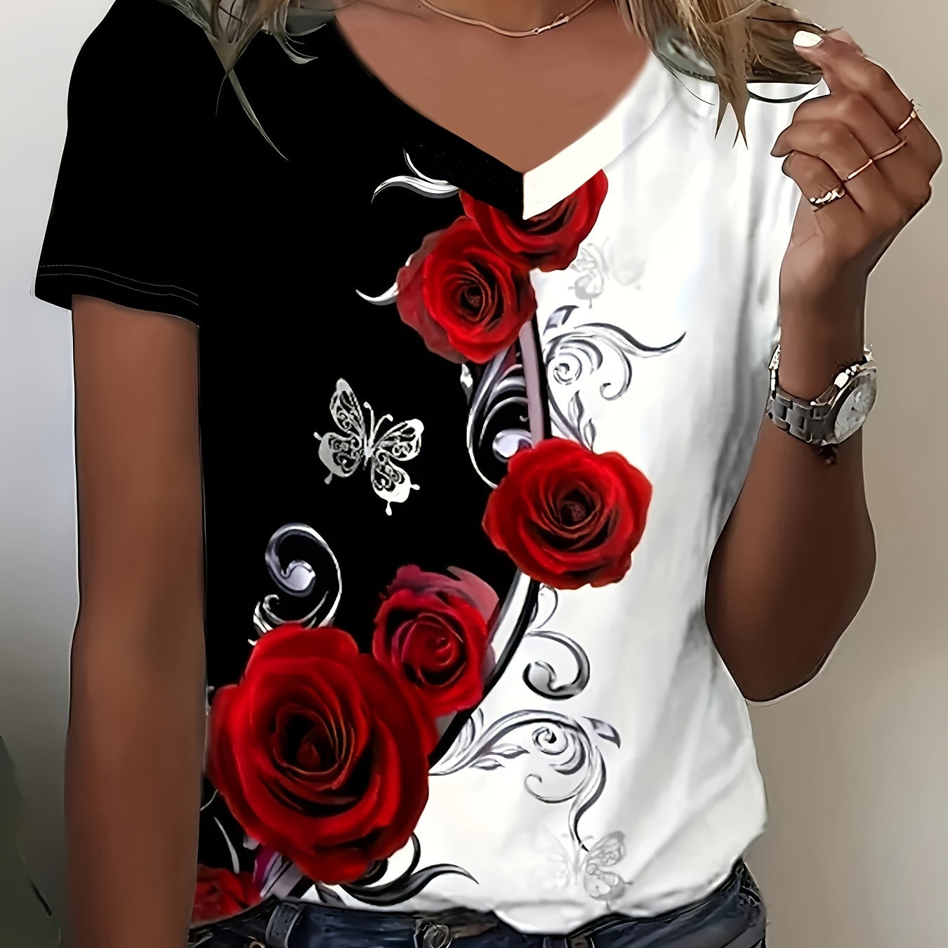 Elegant V-neck Rose Butterfly Printed Short Sleeved T-shirt