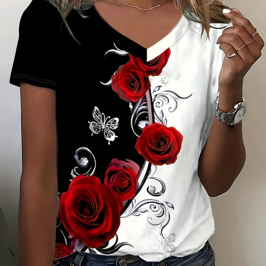 Elegant V-neck Rose Butterfly Printed Short Sleeved T-shirt