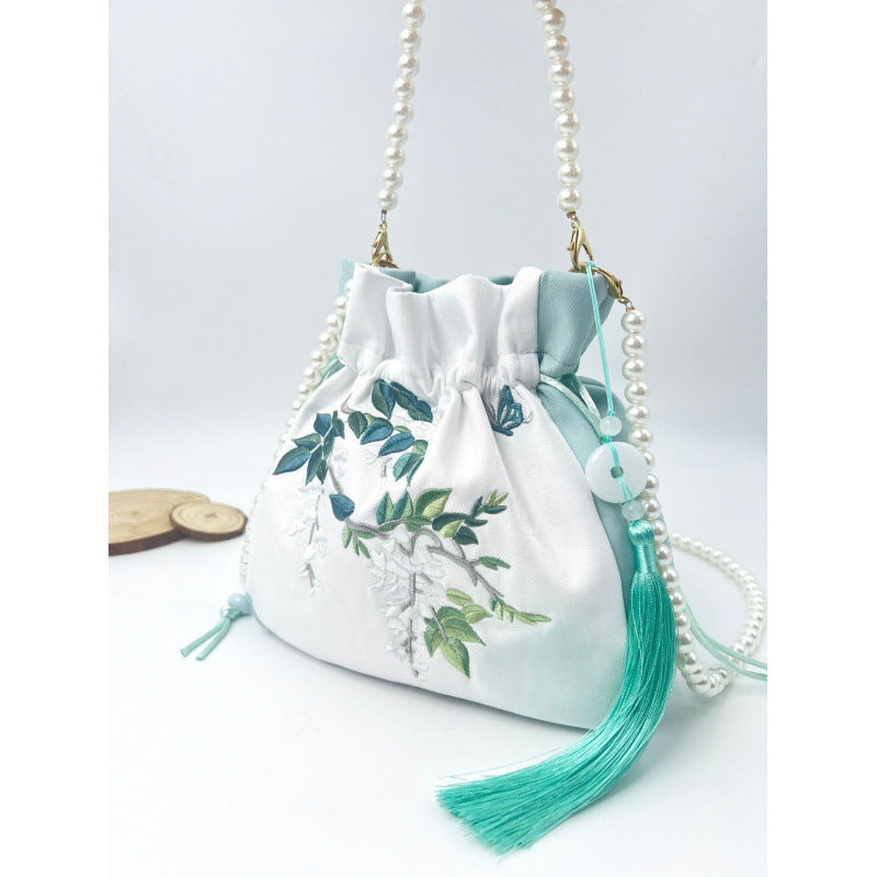 Women's Creative Printing Suzhou Embroidery Pearl Chain Handbag