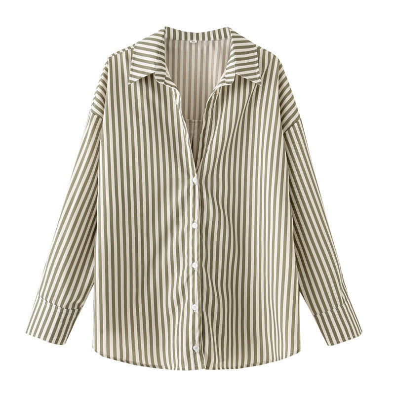 European And American Style Long Sleeve Lapel Loose Striped Poplin Shirt