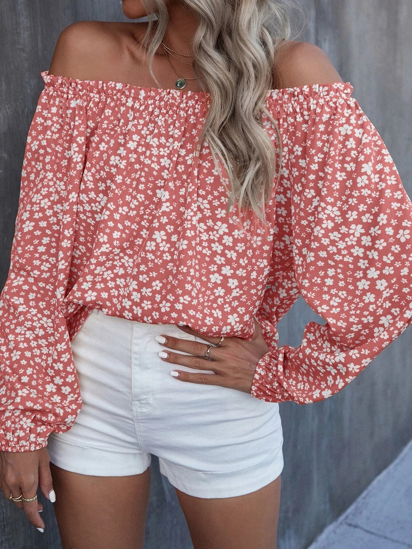 Women's Off-shoulder Printed Long Sleeve Loose Shirt