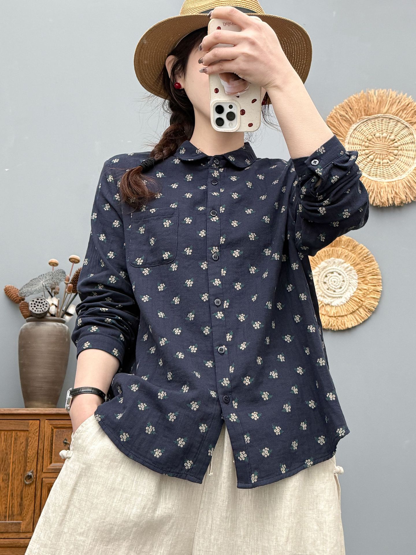 Retro Floral Cotton And Linen Blouse For Women