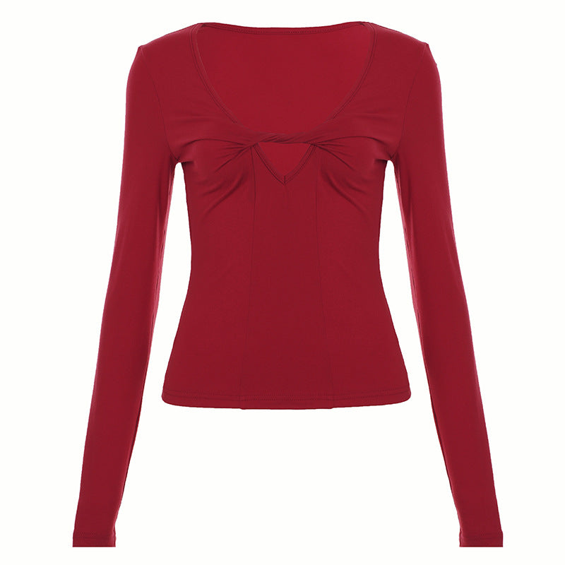 Deep V Long Sleeve Solid Color Sexy Slim-Fit Underwear Top