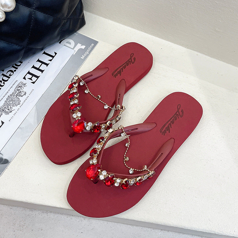 Women's Fashion Casual Rhinestone With Chain Flip-flops