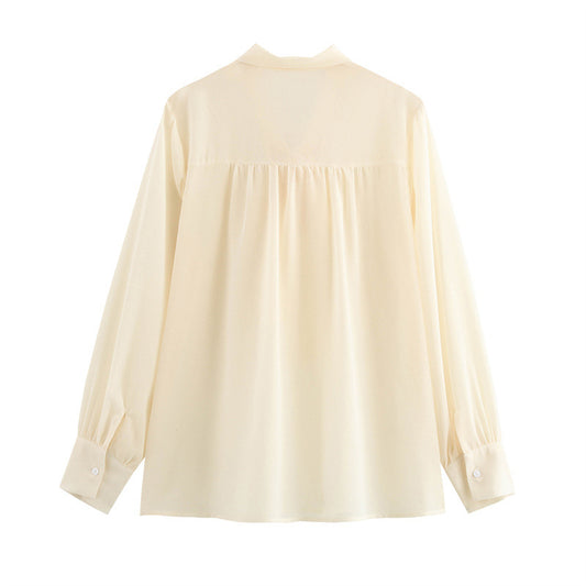 Long Sleeve Thin Top V-neck Apricot Bow Design
