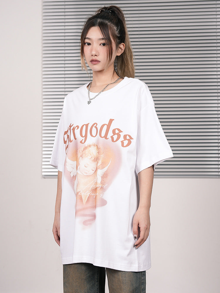 Summer Heavy American Retro Street Overesize Angel Print T-shirt