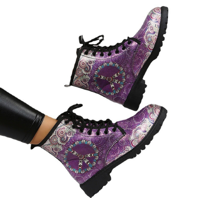 Winter Short Lace-up Soft Leather Printed Boots