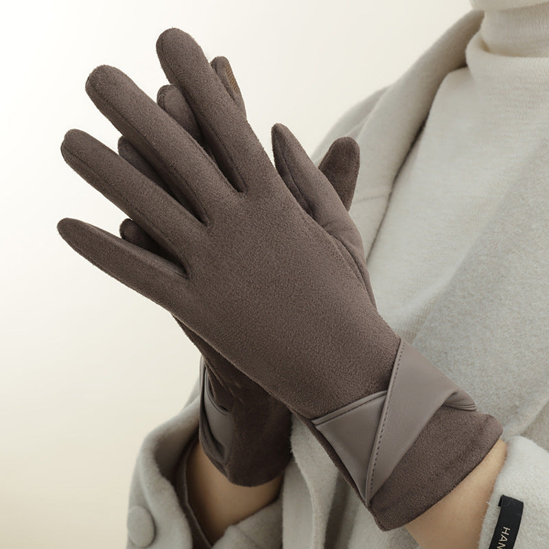 Damehandsker med fleecefor, varme og elegante med sløjfe