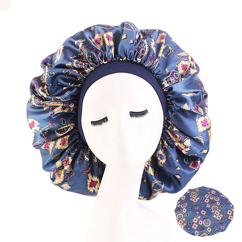 Extra Large Satin Print Nightcap Wide Edge Stretch Round Cap