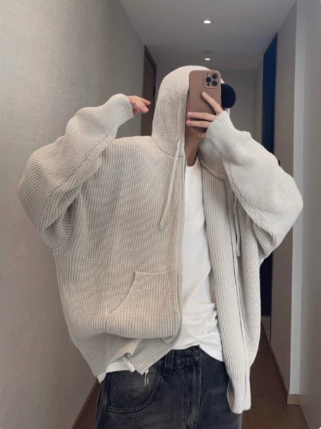 Light Gray Loose-Fit Hooded Zip-Up Sweater Jacket For Men