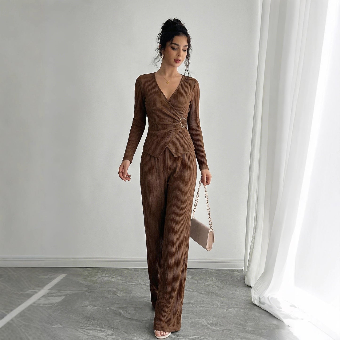 Womens Solid-Color V-Neck Cross-Over Long-Sleeve T-Shirt And Pants Set