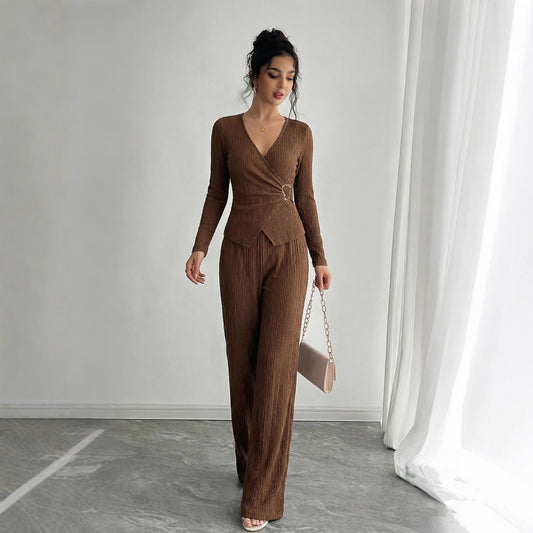Womens Solid-Color V-Neck Cross-Over Long-Sleeve T-Shirt And Pants Set