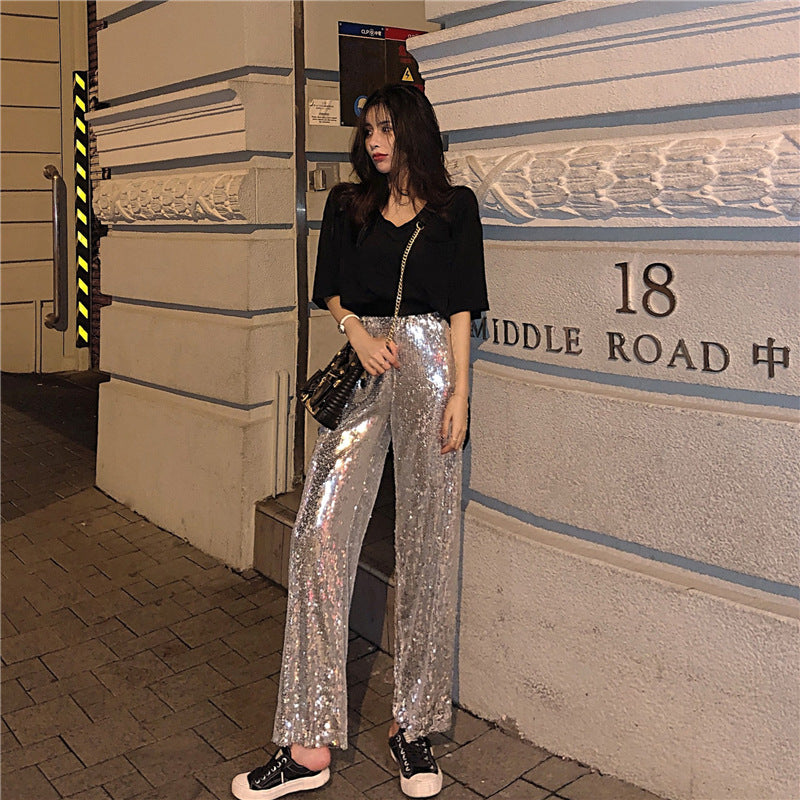Heavy Industry Sequins High Waist Straight Trousers Women's Trousers